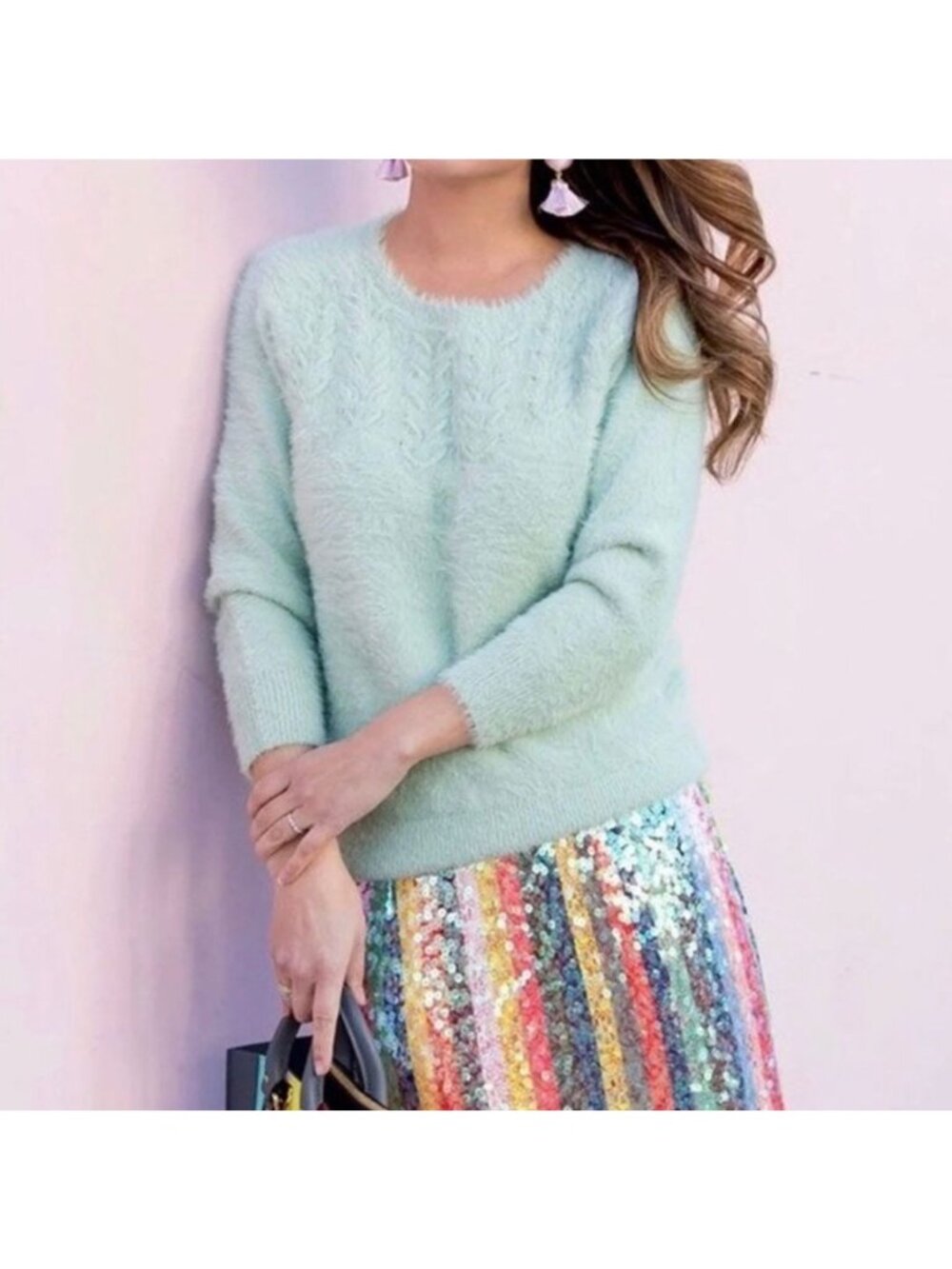 Anthropologie Rosie Neira Aubade Furry Fuzzy Mint Green Pullover Sweater M
